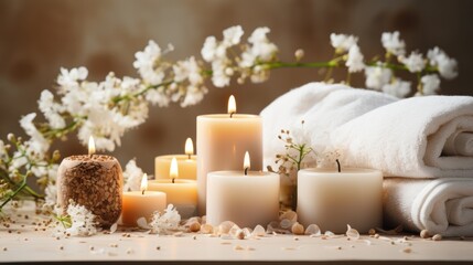 Beautiful spa treatment composition such as Towels, candles, essential oils, Massage Stones on light wooden background. blur living room, natural creams and moisturizing Healthy lifestyle, body care