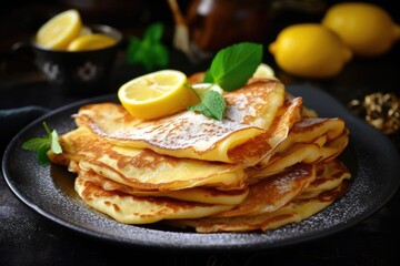 Traditional Shrove Tuesday pancakes with lemon and sugar English style