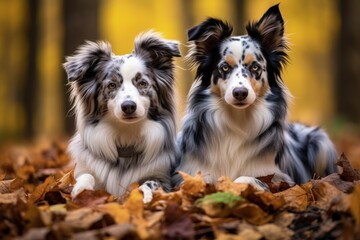 Two border collie dogs with autumn leaves surrounding them in the forest