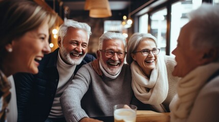 A group of old friends, meeting after years, sharing warm hugs and laughs in a cozy cafe, highlighting friendship and connection. - obrazy, fototapety, plakaty
