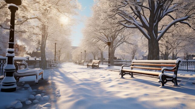 Winter park bathed in sunlight, snow-covered benches and paths creating a serene outdoor haven.