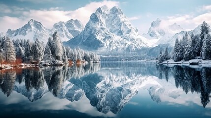 Winter reflections in a mountain lake, with snow-capped peaks mirrored on the calm waters, creating a breathtaking and symmetrical wintry panorama.