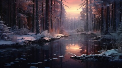 Winter reflections in a forest pond, with snow-laden trees and the delicate hues of twilight mirrored on the glassy surface, creating a serene and enchanting woodland scene.