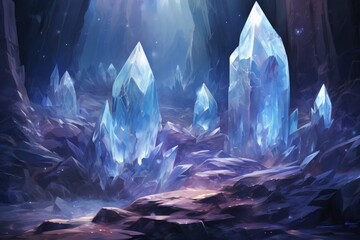 Glistening crystal golems protecting hidden treasures in icy caves - Generative AI