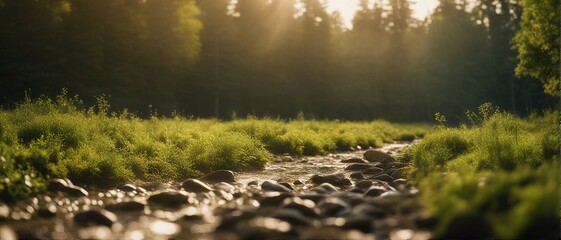 The path: forest little river with round stones.