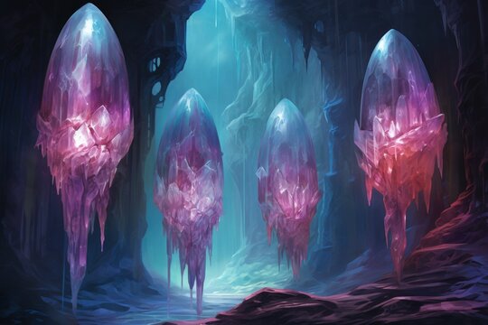 Glistening crystal golems protecting hidden treasures in icy caves - Generative AI