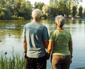 A retired couple by the lake admires the sunset on a summer day. View from the back. Golden age. Love and tenderness.