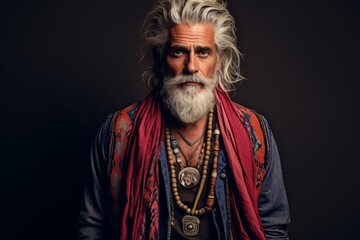 Portrait of a handsome senior man with long white beard and mustache wearing traditional indian costume.
