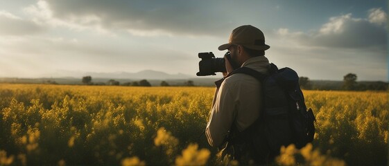The photographer in a golden field. - obrazy, fototapety, plakaty