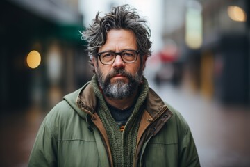 Portrait of a bearded man with eyeglasses in the city