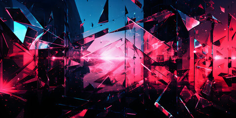 Naklejka premium An abstract composition featuring geometric crystals illuminated by vibrant neon lights, creating a dynamic interplay of shapes and colors