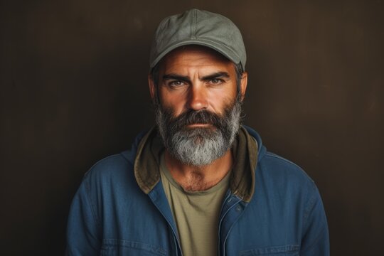 A portrait of a bearded hipster man wearing a cap and looking at the camera.