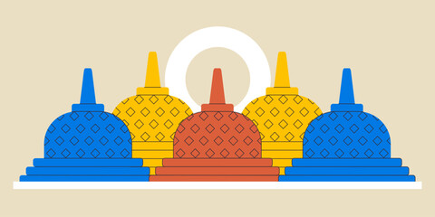 Borobudur temple vector illustration of stupa budhist colorful monument Java Indonesia travel landmark - obrazy, fototapety, plakaty