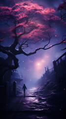 Obraz premium Enchanted Nighttime Stroll Through Illuminated Nature