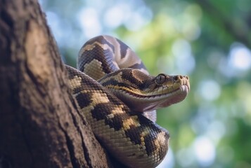 Obraz premium closeup of python on tree with blurred background. generative ai