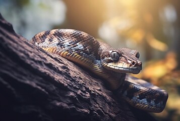 closeup of python on tree with blurred background. generative ai