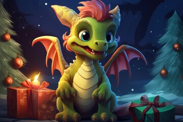 2d illustration of a happy cute baby dragon near a Christmas tree with gifts. year of the dragon