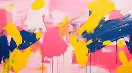 Abstract Expressionist Acrylic Paint Splashes, spontaneous energy of acrylic paint splashes in a vivid palette of pink, yellow, and navy blue