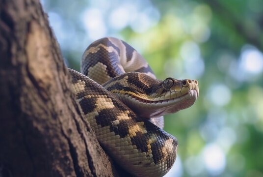 closeup of python on tree with blurred background. generative ai