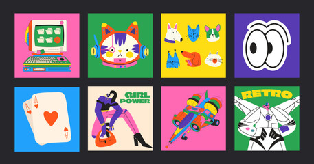 Fototapeta premium Set fanny cartoon retro posters in groovy style. Hippie acid 90s elements, vintage computers, girl characters, vector square psychedelic posters