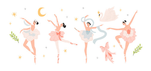 Cartoon characters of ballerinas in different poses. Girls dancing classical choreography in pointe shoes. Ballet set female 