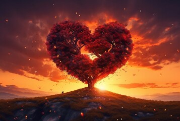 heart shaped tree with beautiful sunset. generative ai