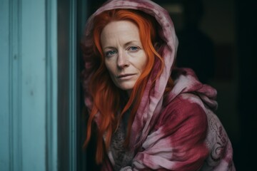 Portrait of a red-haired woman in a pink scarf.
