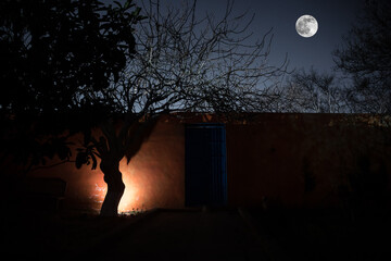 Full moon over quiet village at night. Orange wall with blue metallic Door at night. Haunted horror...