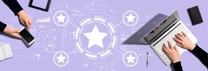 Rating star concept with two people working together