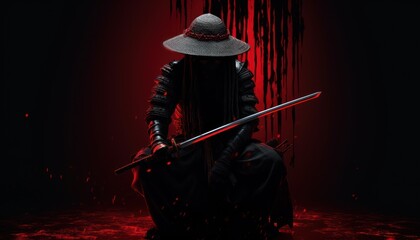 epic sceneof a samurai  warrior wearing straw hat  and holding his katana sword ,obscure face,red bloody  background ,
