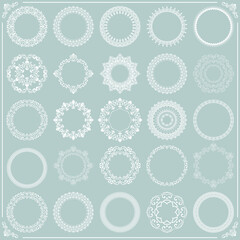 Vintage set of round elements. Different elements for design frames, cards, menus, backgrounds and monograms. Classic white patterns. Set of vintage patterns