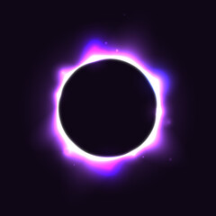 Sun full eclipse concept. Light purple moon glow background. Solar or planet total eclipse in dark space. Hot star surface flare with rays and beams effects. Vector illustration