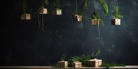 Minimalist template with fir branches, gift boxes and place for text. Merry Christmas and Happy New Year