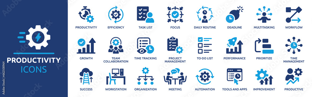 Poster productivity icon set. containing efficiency, task, focus, multitasking, workflow, growth, routine, 