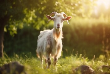 Obraz premium goat in the green grass of the garden with blurred background. generative ai