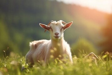 Obraz premium goat in the green grass of the garden with blurred background. generative ai