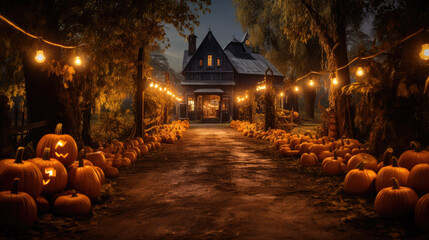 A path to a house with pumpkins lying on the sides at night