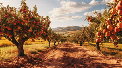 There are apple trees on the sides of a country road