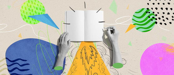 Idea notebook flying like a rocket - Photo collage design