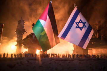 Israel flag on burning dark background with candle. Attack on Israel, mourning for victims concept or Concept of crisis of war and political conflict.