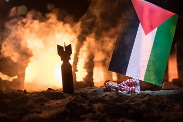 Israel flag on burning dark background with candle. Attack on Israel, mourning for victims concept or Concept of crisis of war and political conflict. - obrazy, fototapety, plakaty