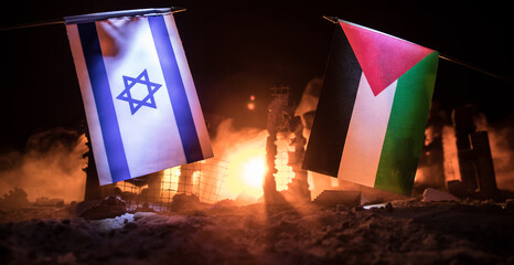 Israel flag on burning dark background with candle. Attack on Israel, mourning for victims concept or Concept of crisis of war and political conflict. - obrazy, fototapety, plakaty