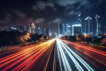 Fototapeta na wymiar time lapse photography of highway road at night background. generative ai