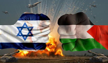 War between Palestine and Isreal, arm forces, flags of Isreal and palestine with bombings, jets and tanks