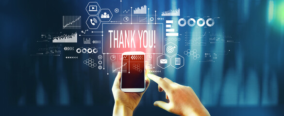 Thank you message with person using a smartphone