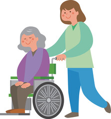 車いすに乗る高齢者と車いすを押す女性