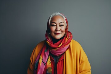 Portrait of a senior asian woman wearing a colorful scarf.