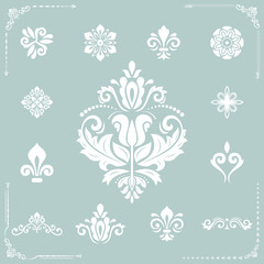 Vintage set of elements. Different light blue and white elements for backgrounds and decoration. Classic patterns. Set of vintage patterns