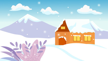 Winter snow landscape and house  covered by snow in the mountain village. Scenery of cold weather in cartoon style with falling snowflake.