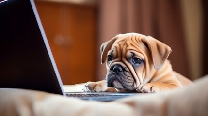 An adorable dog using a laptop. Generative AI. 